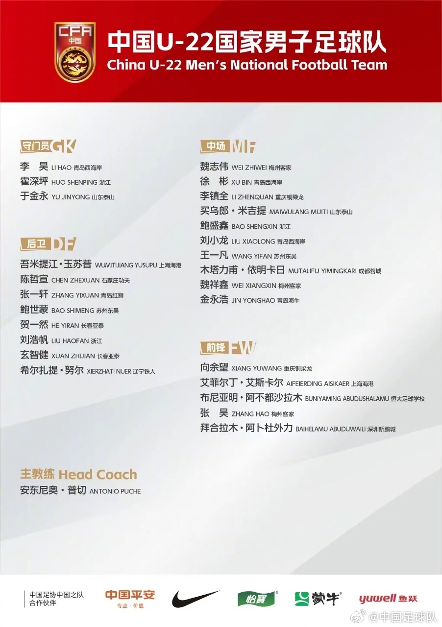 长春亚泰小将贺一然、玄智健入选U22大名单